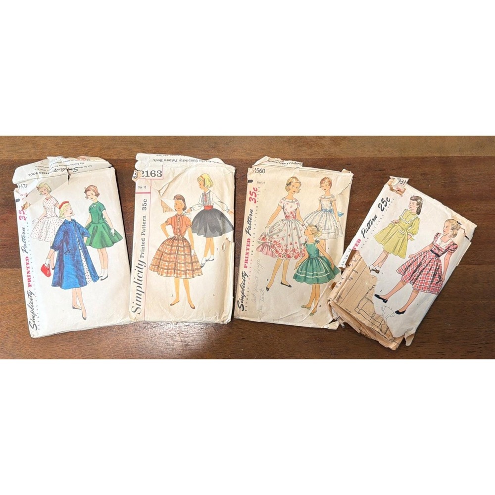 4-Vintage 1940S And 1950S Simplicity Printed Patterns Size 10 Girls